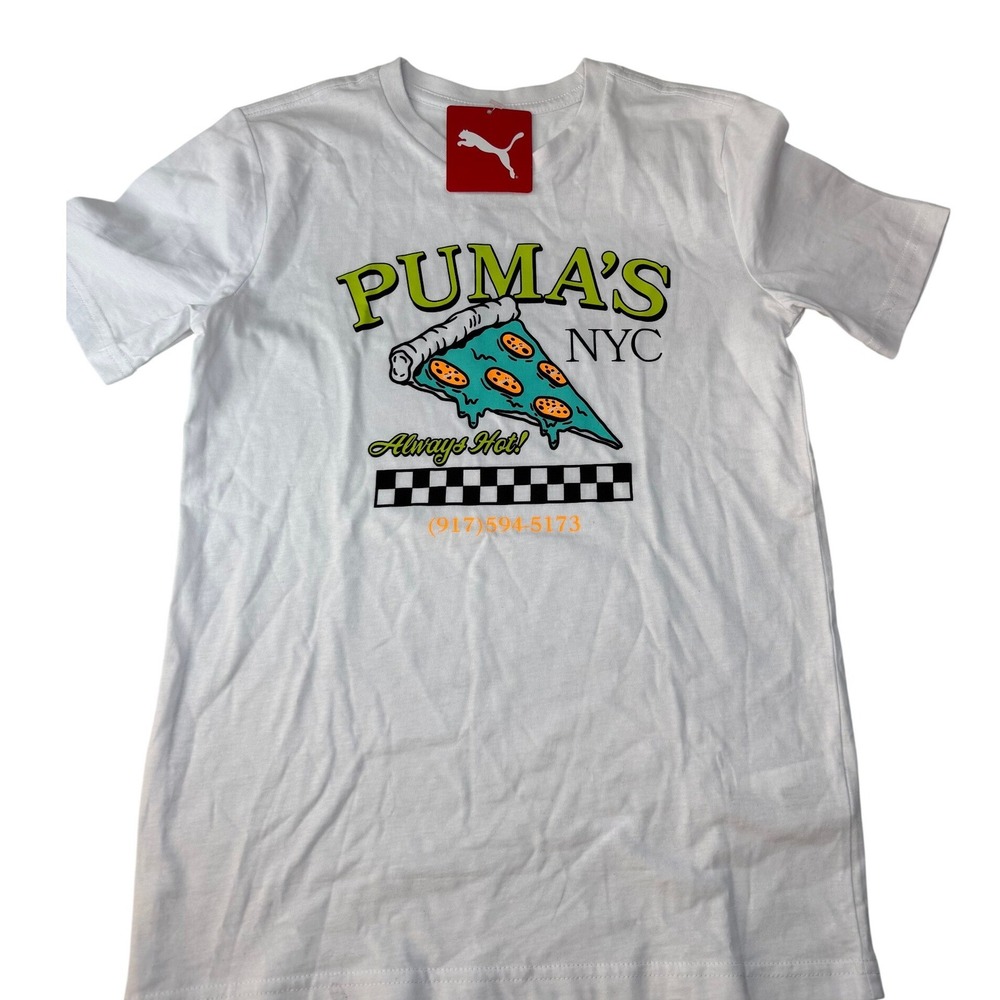 Puma NYC‎ Pizza Always Hot Graphic Tee Shirt White Youth Boys Medium New